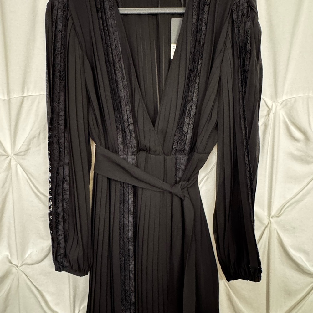 The Kooples Black Lace Trim Pleated Belted Dress Size 6 (US) NWT/Size 2 (France)